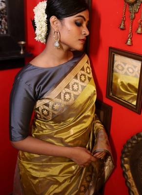 green hand woven katan silk blend zari woven all seasons sarees 3