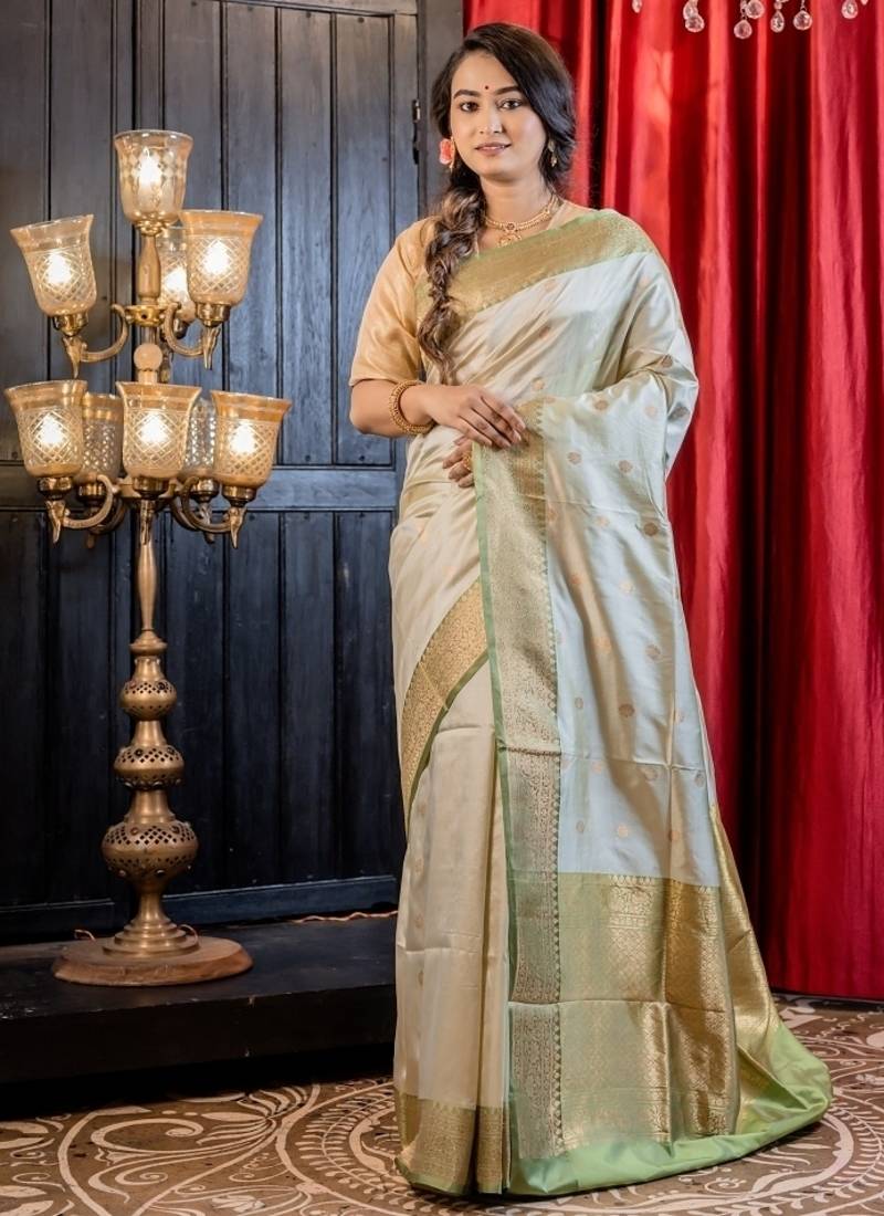 green hand woven katan silk blend saree