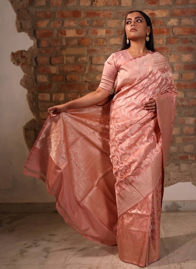 pink woven katan silk blend saree