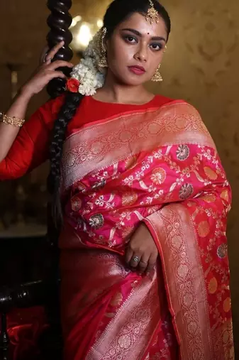 pink woven katan silk blend saree