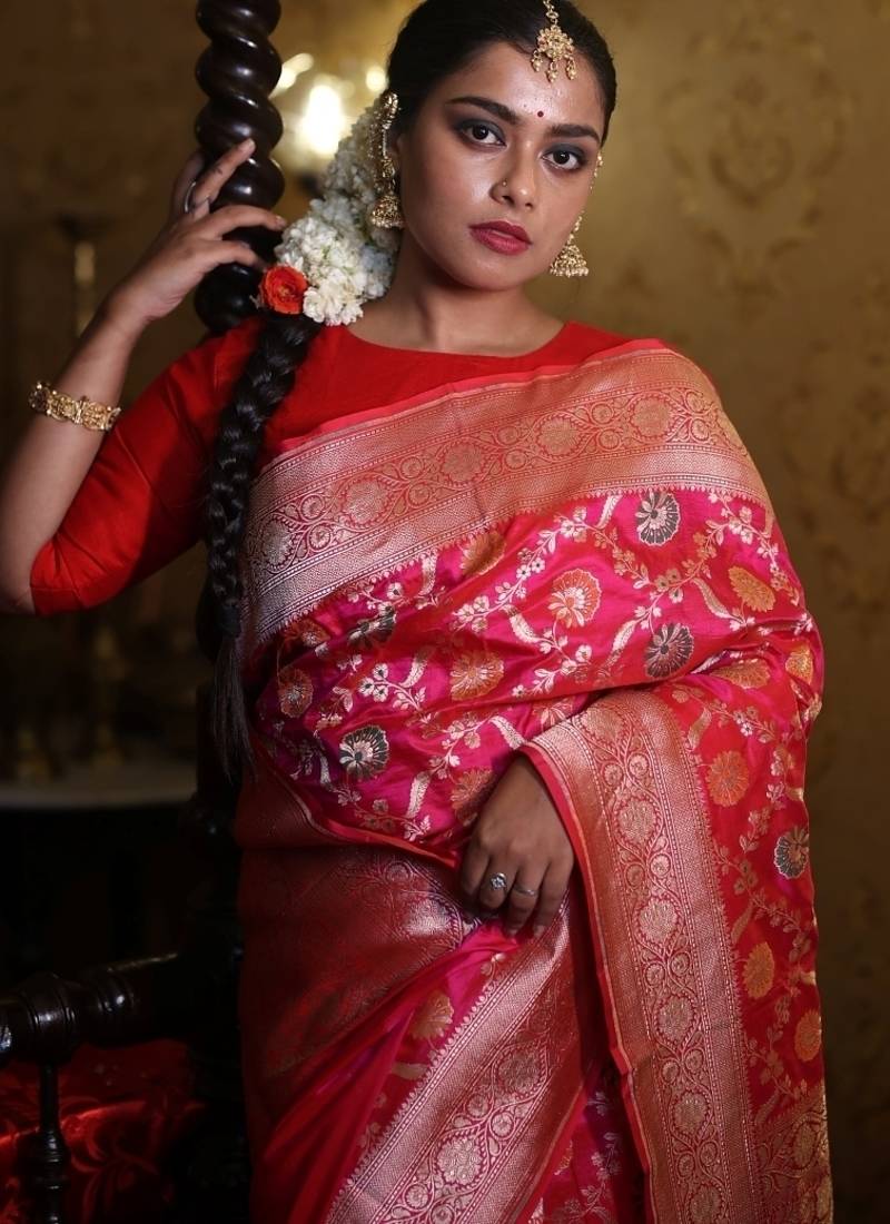 pink woven katan silk blend saree