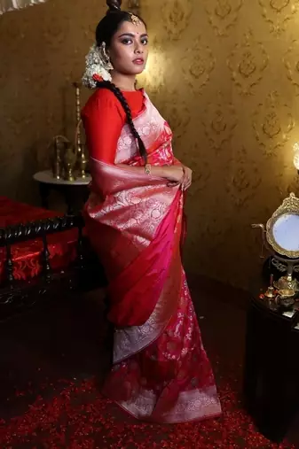 pink woven katan silk blend zari woven all seasons sarees