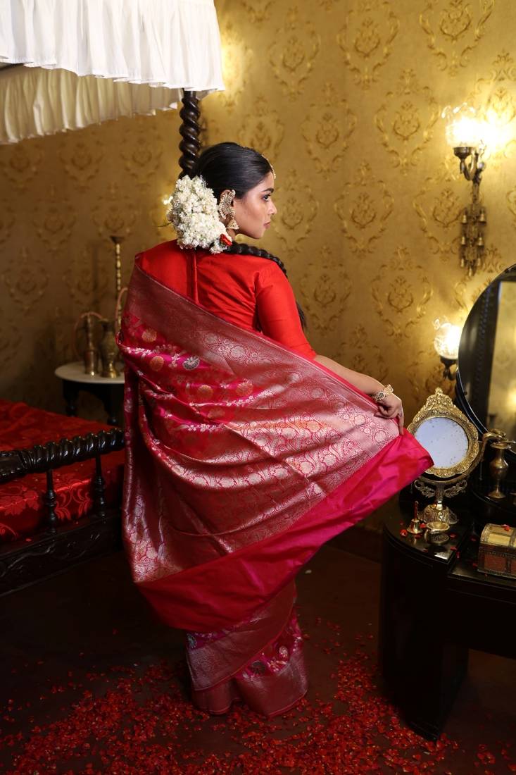 pink woven katan silk blend saree