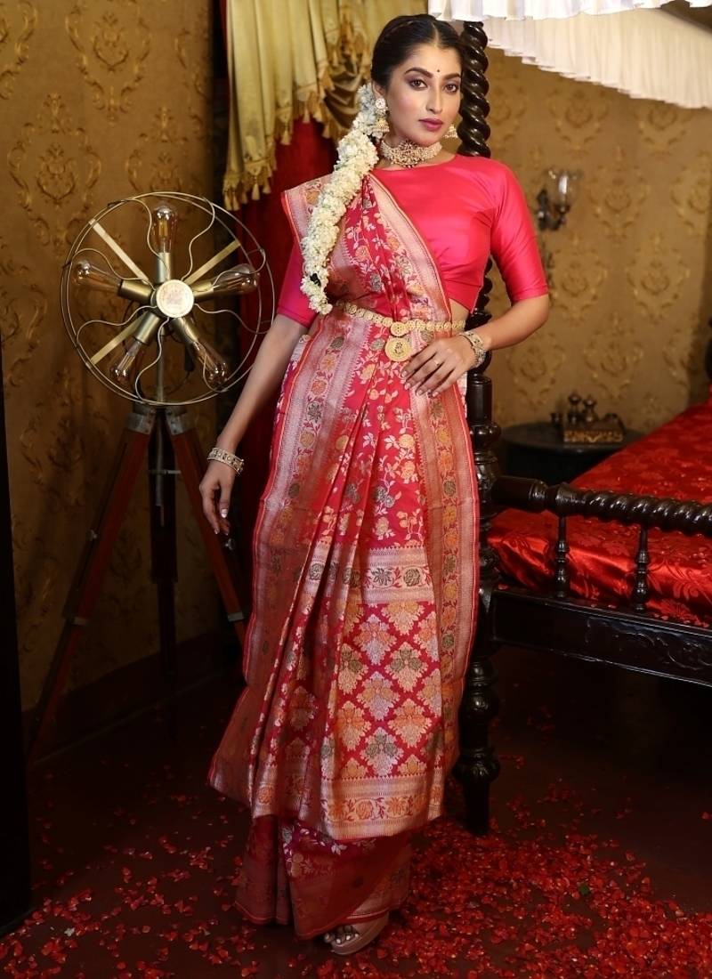 red woven katan silk blend saree