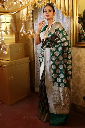 green woven katan silk blend saree