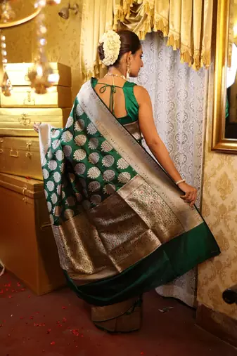 green woven katan silk blend zari woven all seasons sarees