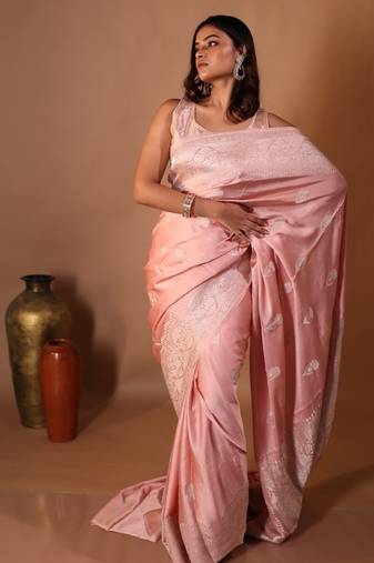 pink hand woven silk blend saree