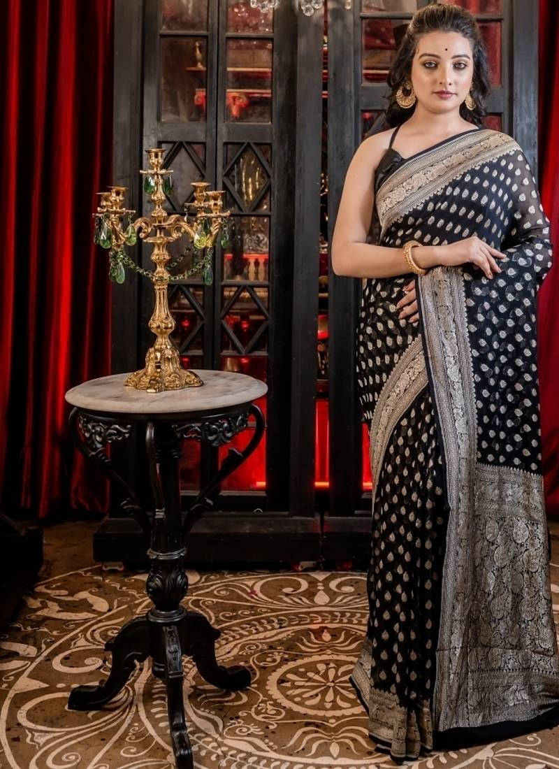 black woven georgette saree