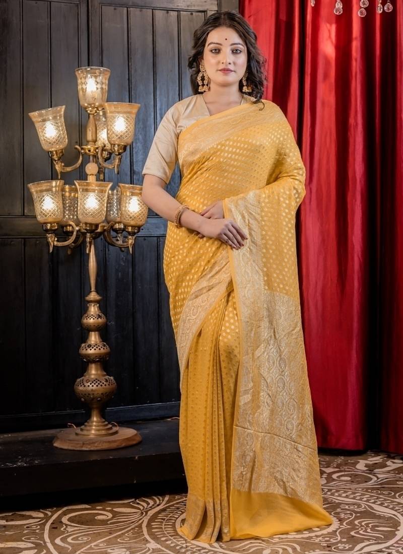 yellow woven georgette saree
