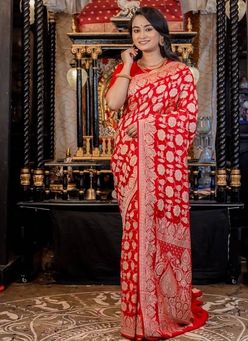 red woven georgette saree