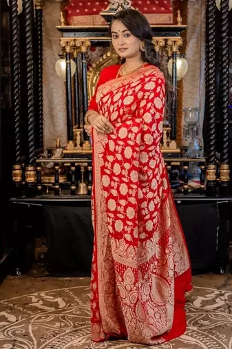 red woven georgette zari woven all seasons sarees
