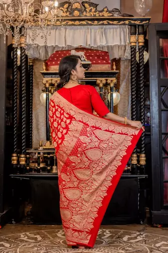 red woven georgette zari woven all seasons sarees