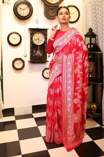 pink woven silk blend zari woven all seasons sarees