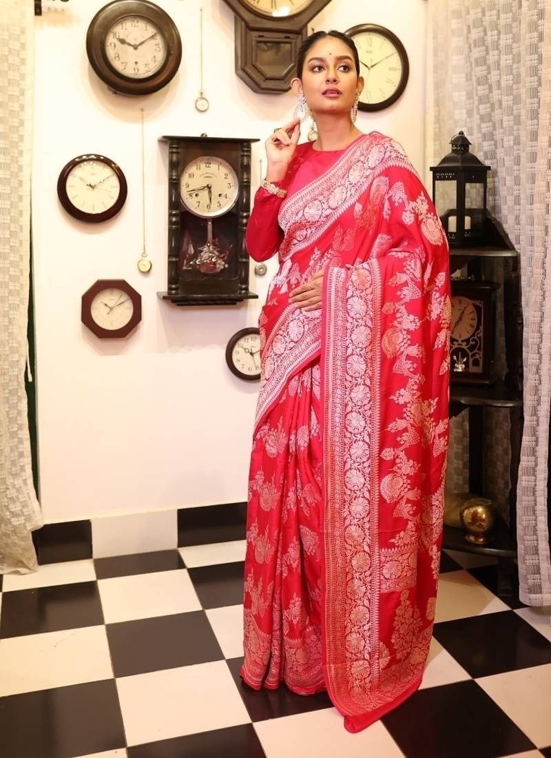 pink woven silk blend saree