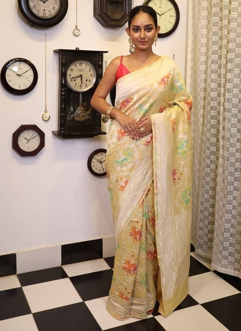 yellow woven tussar saree