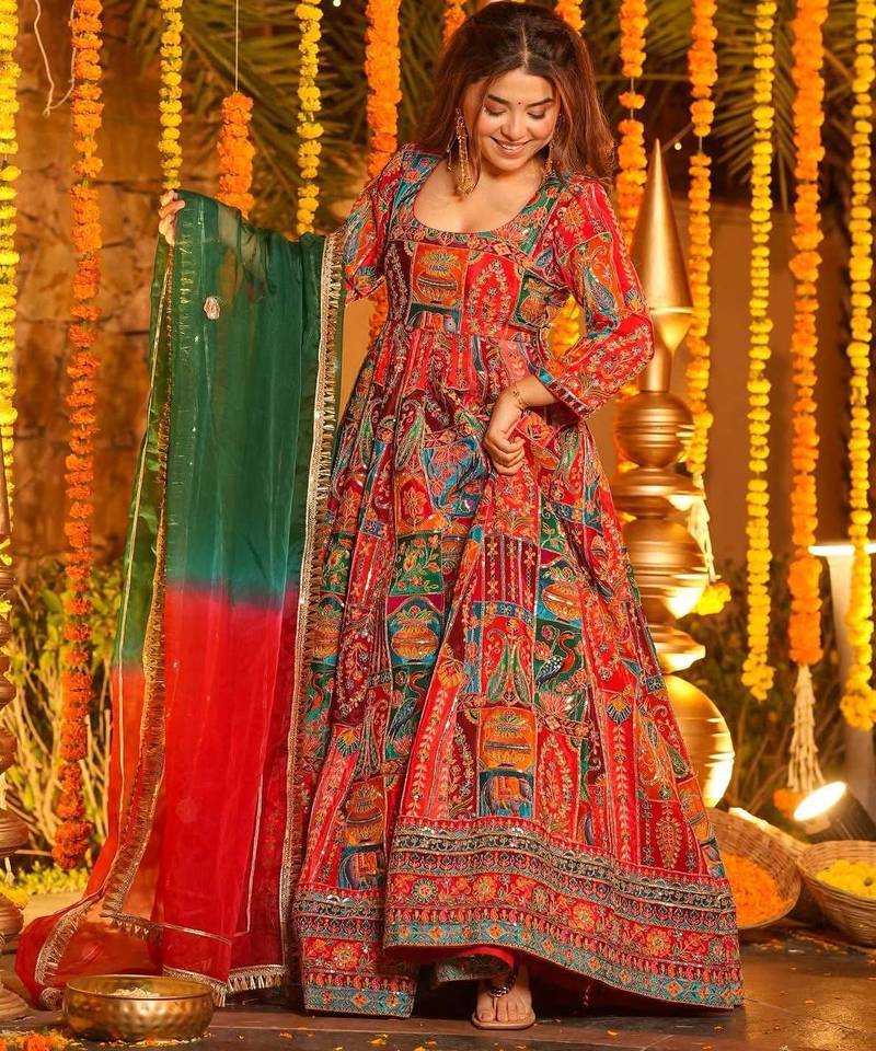 Red Embroidered Maxi Set