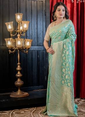 green woven georgette zari woven all seasons sarees 3