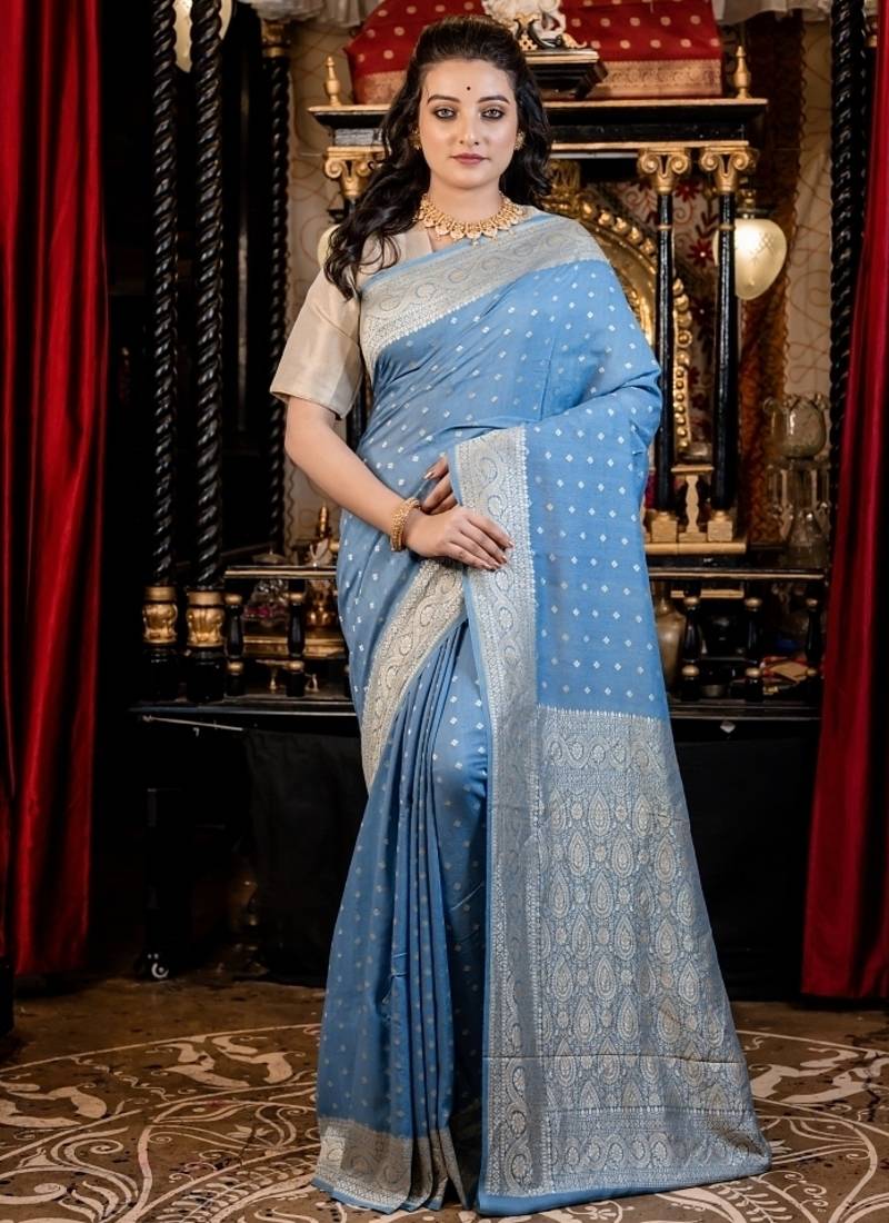 blue woven silk blend blend saree