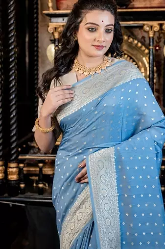 blue woven silk blend blend zari woven all seasons sarees