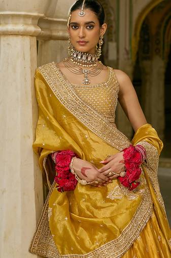 yellow embroidered silk lehenga set
