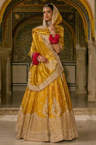 yellow embroidered silk lehenga set