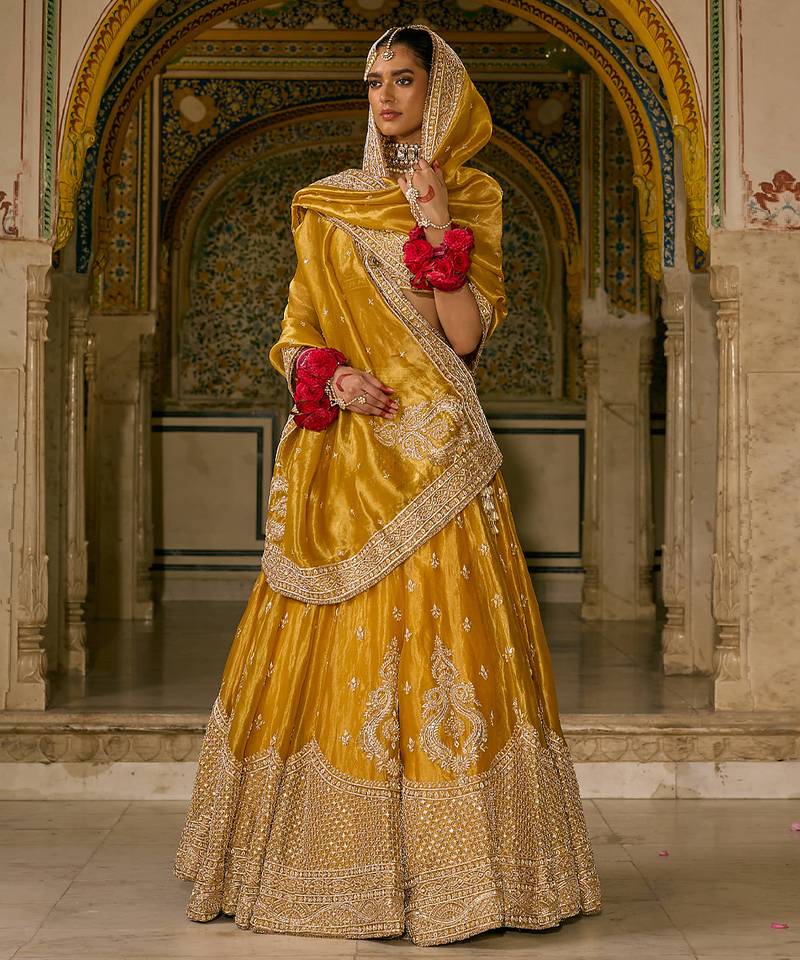 yellow embroidered silk lehenga set