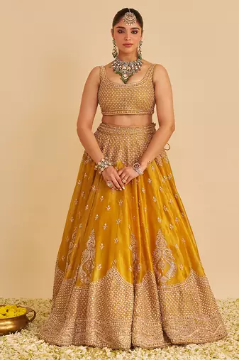 yellow embroidered silk lehenga set