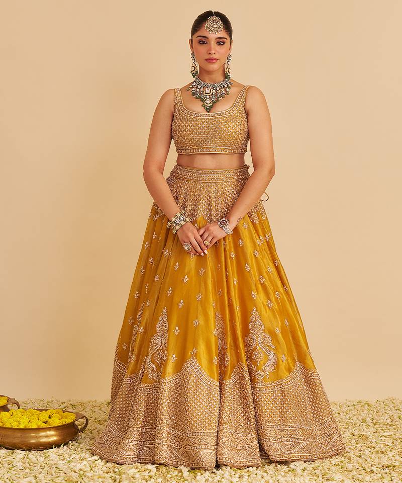 yellow embroidered silk lehenga set