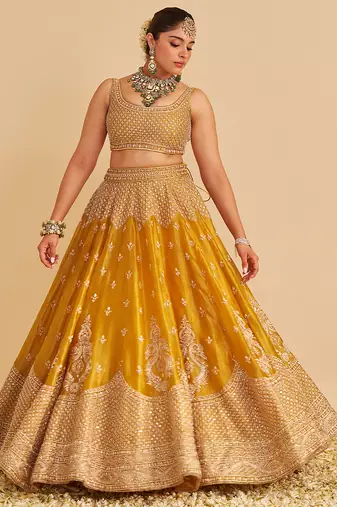 yellow embroidered silk lehenga set