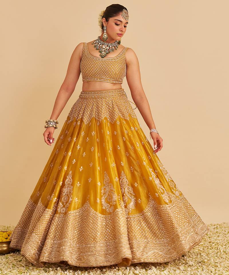 yellow embroidered silk lehenga set