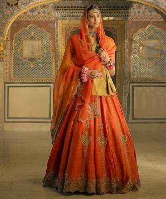 orange embroidered silk lehenga set 1