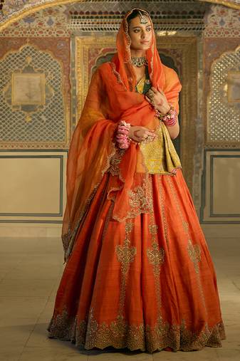 orange embroidered silk lehenga set