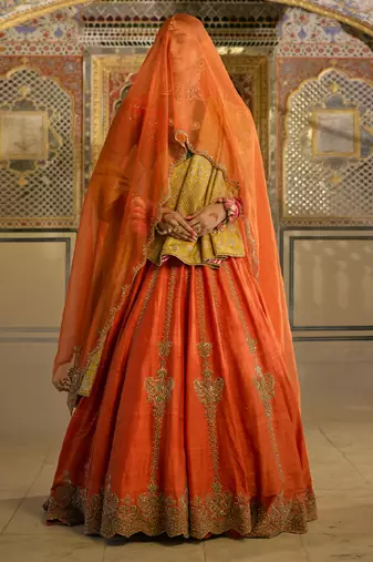 orange embroidered silk lehenga set