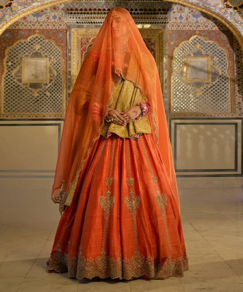 orange embroidered silk lehenga set