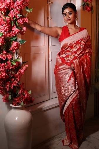 red woven georgette saree