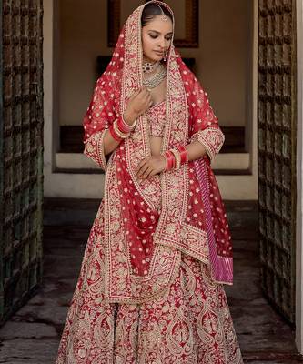 red embroidered silk lehenga set 1