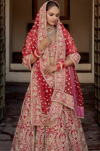 red embroidered silk lehenga set