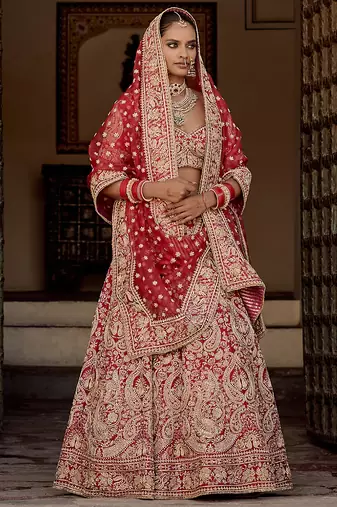 red embroidered silk lehenga set