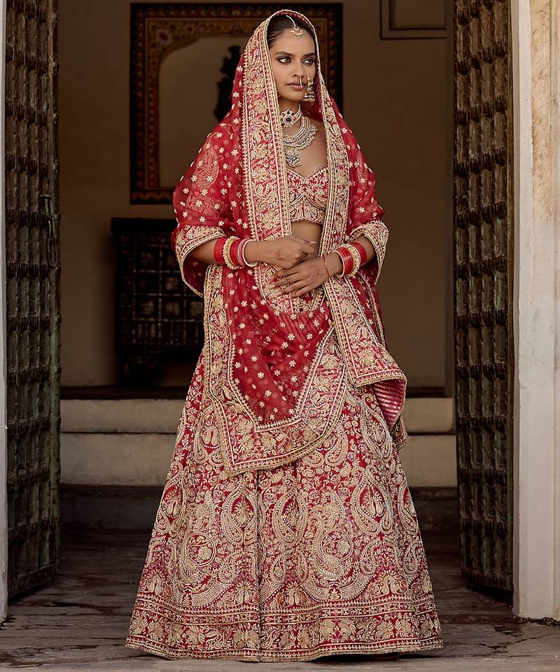 red embroidered silk lehenga set