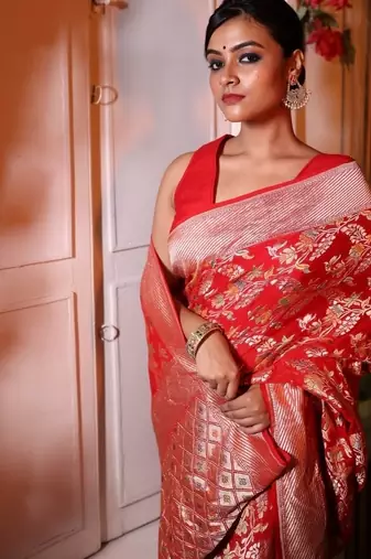 red woven georgette zari woven all seasons sarees
