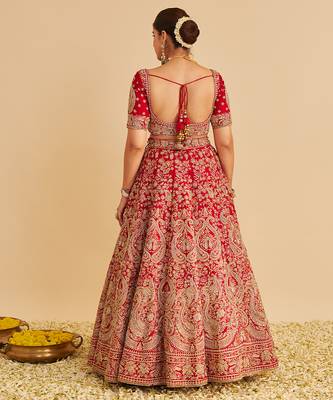 red embroidered silk lehenga set 3
