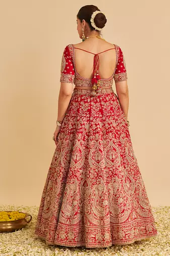 red embroidered silk lehenga set