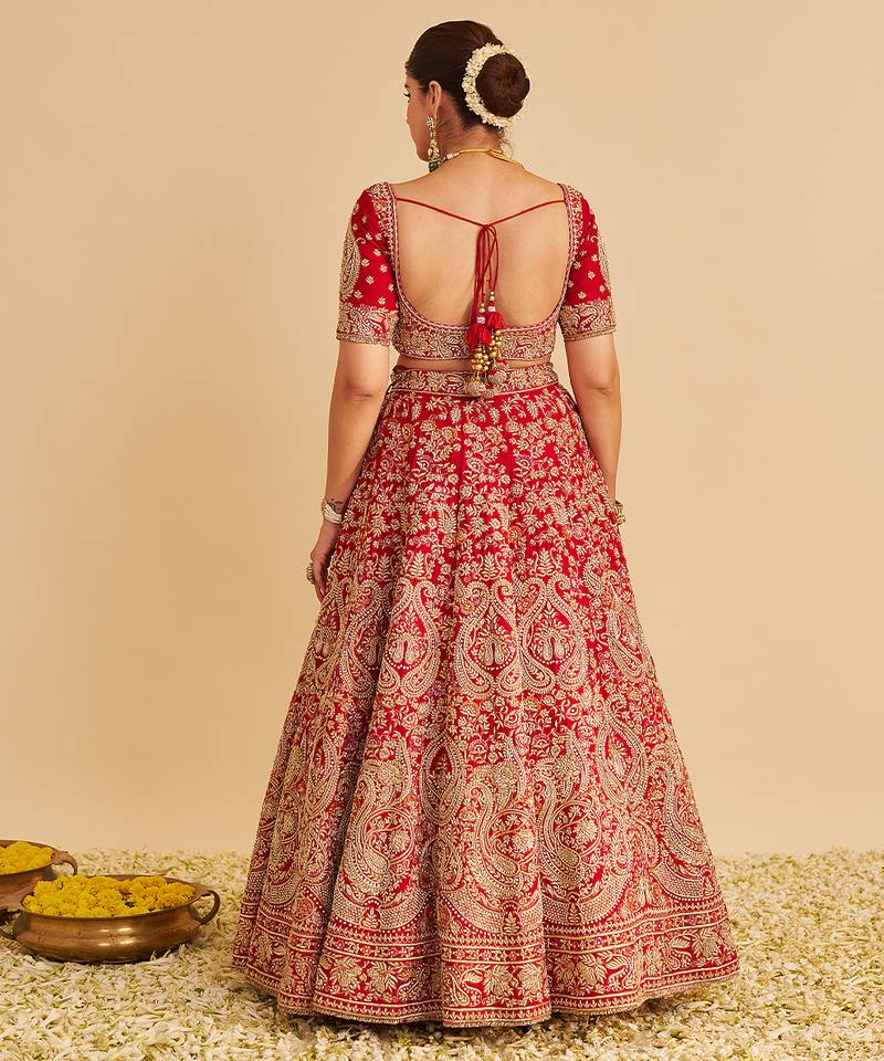 red embroidered silk lehenga set
