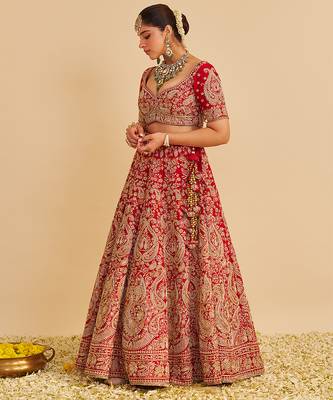red embroidered silk lehenga set 4
