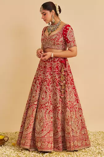 red embroidered silk lehenga set