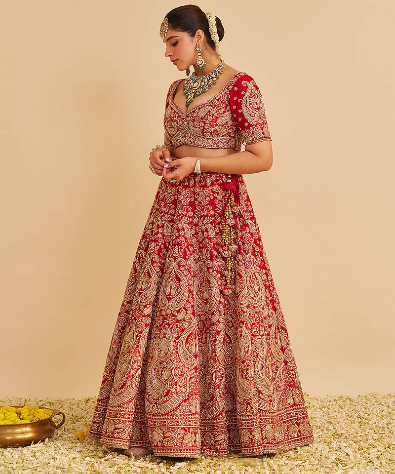 red embroidered silk lehenga set
