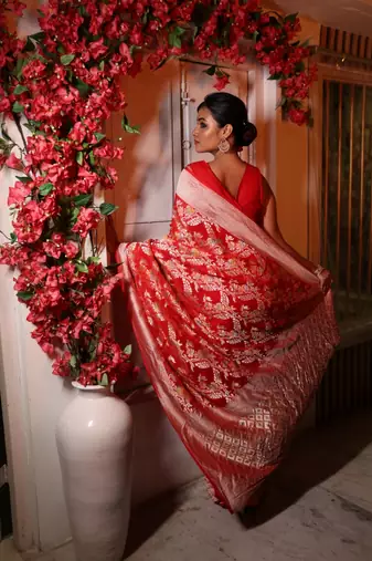 red woven georgette zari woven all seasons sarees