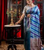 blue hand woven silk blend saree