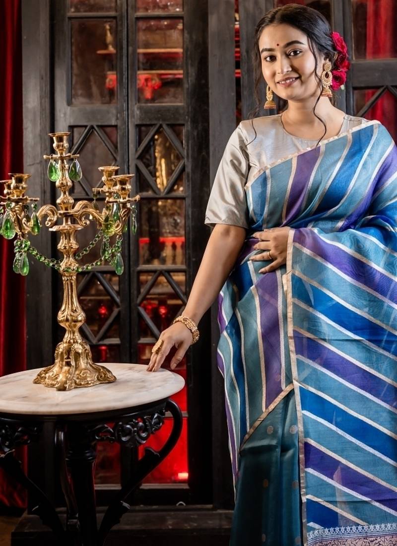 blue hand woven silk blend saree