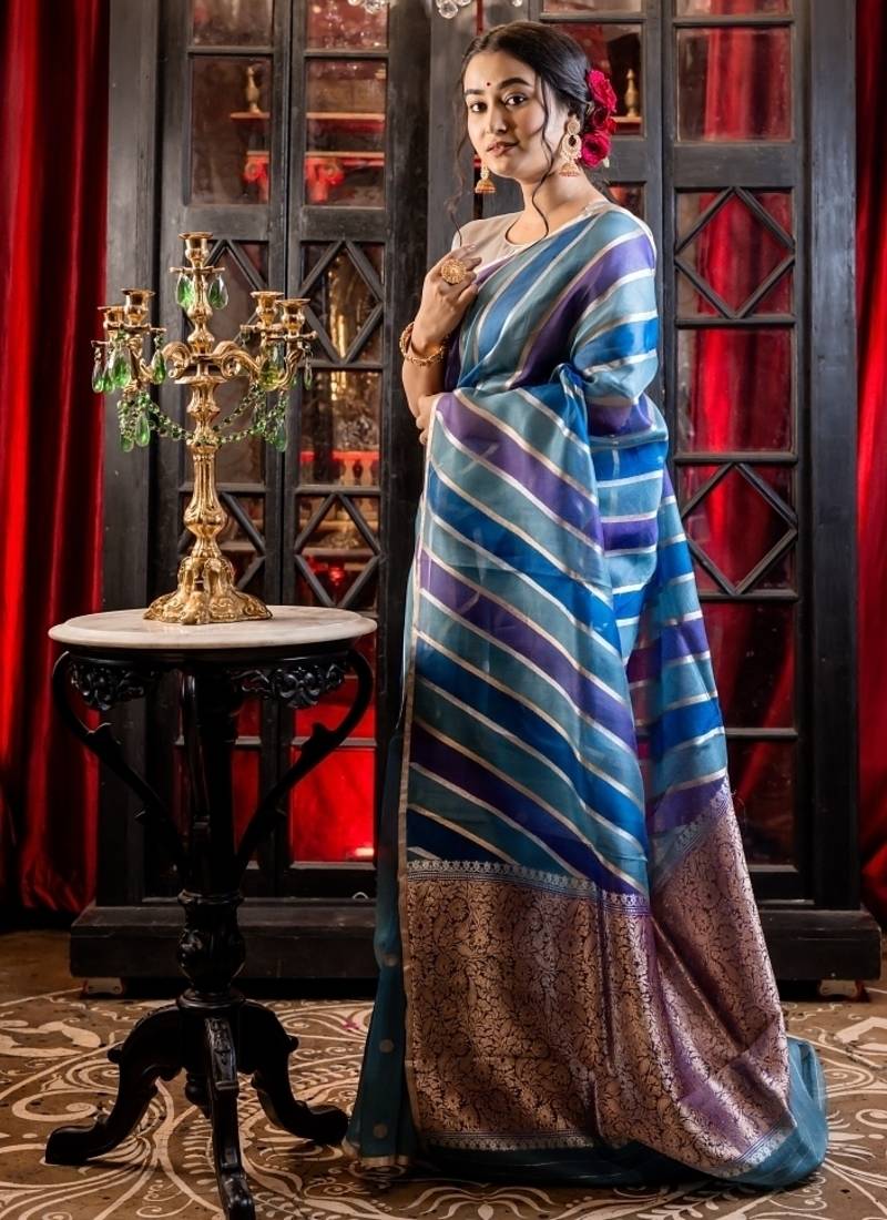 blue hand woven silk blend saree